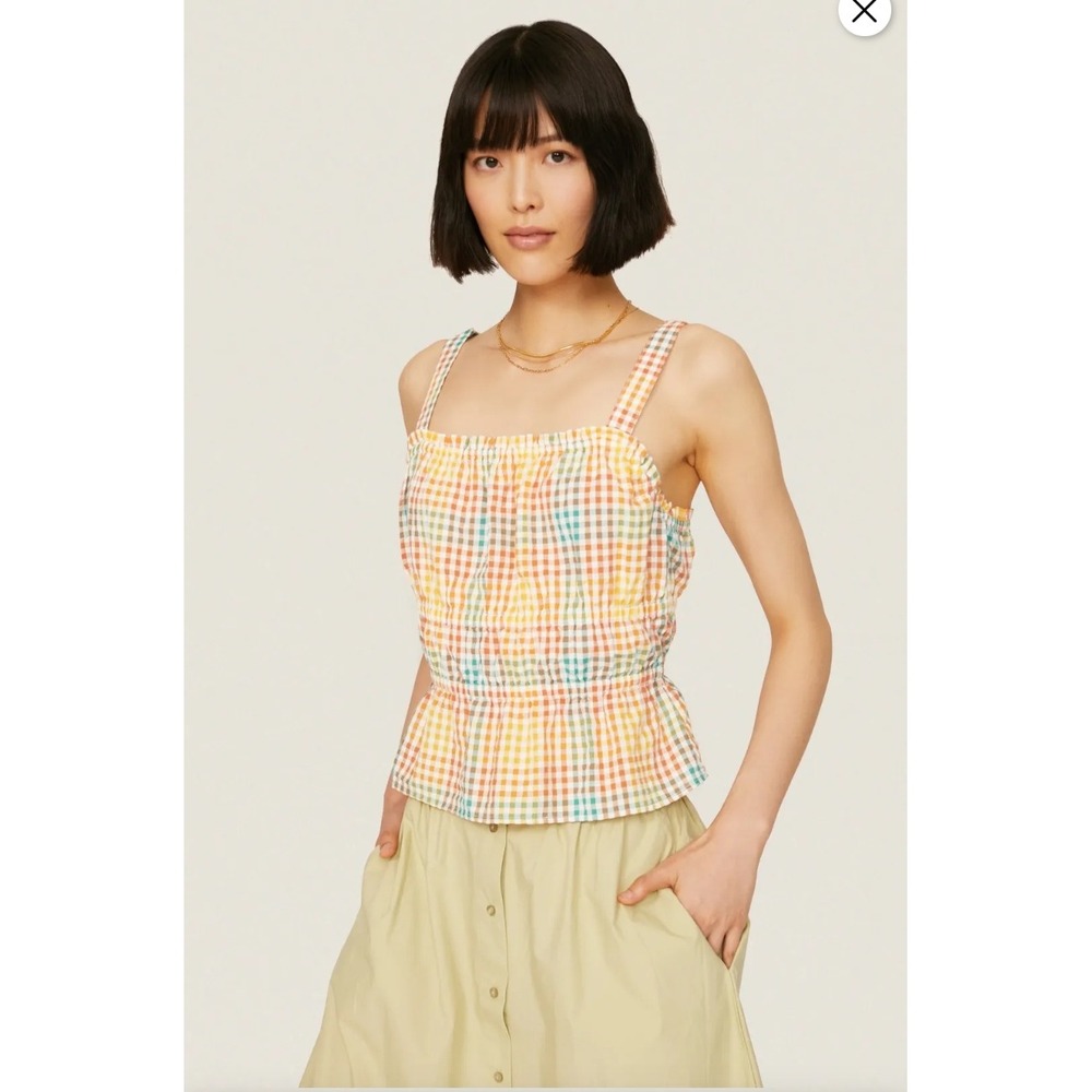 Madewell Gingham Smocked Peplum‎ Tank Top Rainbow Yellow Green Orange XS NWT $75